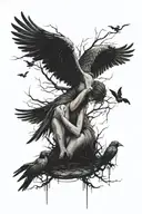 Angel crying with crows flying around in a dark forest sadness and death  tattoo design idea