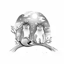 A deep conversation between two cats sitting on a tree branch under a starry night sky tattoo design idea
