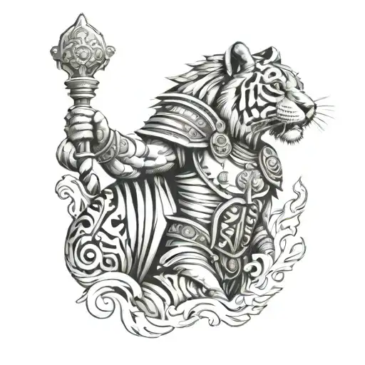 roman centurion with tiger background tattoo design idea