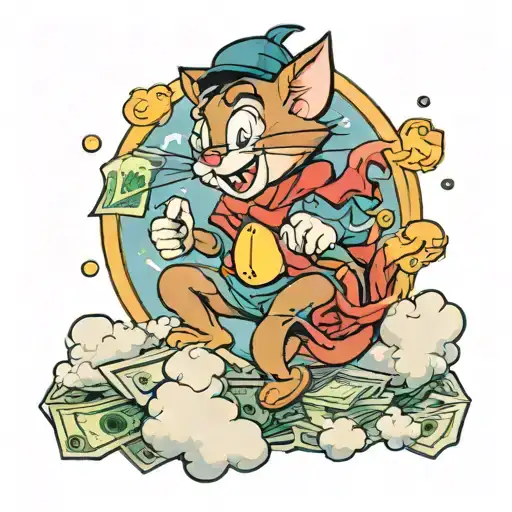 Tom from Tom and Jerry with money fever riding a dollar bill of money through the clouds. tattoo design idea
