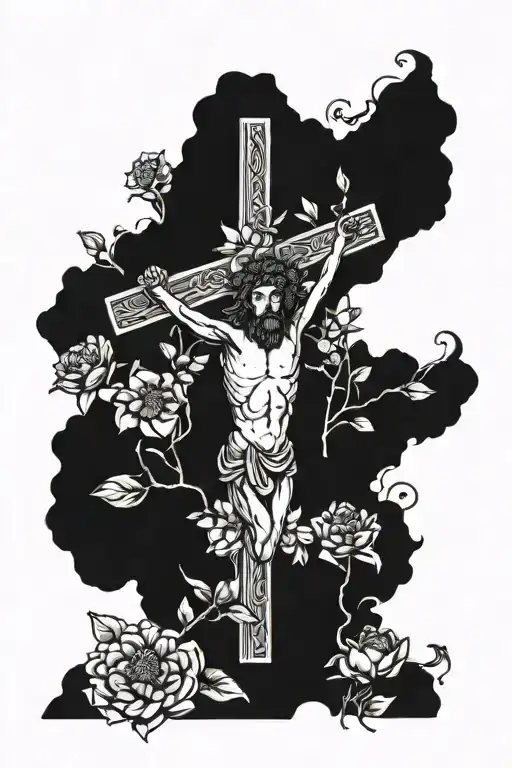 zinnias and christ crucified and heads tattoo design idea