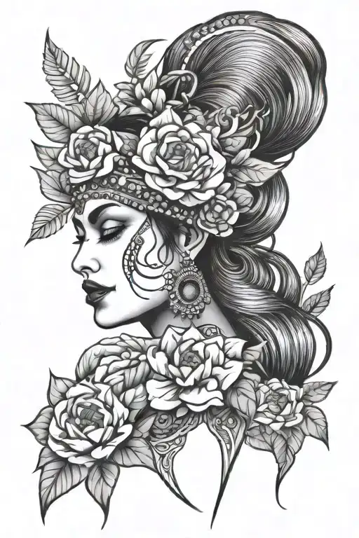 Piones with sexy woman Indian style illustration tattoo design idea
