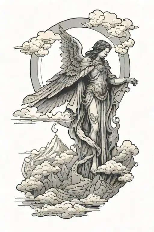 ore angel michael, clouds shades and mountains tattoo design idea