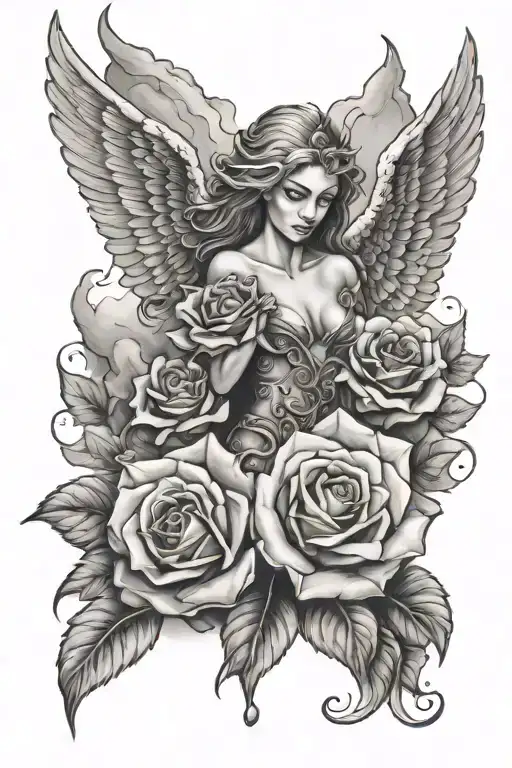ore angel michael, clouds shades and mountains, roses tattoo design idea