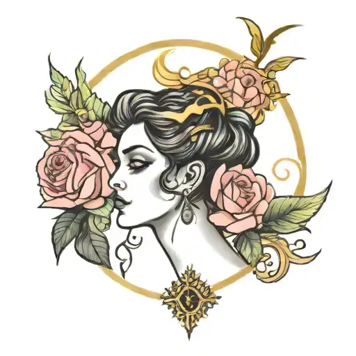 the goddess of Virgo surrounded by roses and Zeus throwing lightning and big eyes tattoo design idea