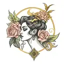 the goddess of Virgo surrounded by roses and Zeus throwing lightning and big eyes tattoo design idea