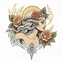 the goddess of Virgo surrounded by roses and Zeus throwing lightning and big eyes tattoo design idea