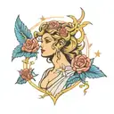 the goddess of Virgo surrounded by roses and Zeus throwing lightning and big eyes tattoo design idea