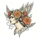 the goddess of Virgo surrounded by roses and Zeus throwing lightning and big eyes tattoo design idea