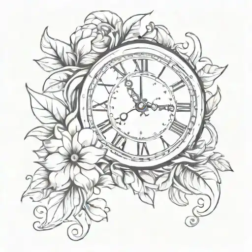 Design a tattoo template on a sheet of paper with a clock and flowers. The hands of the clock should point to 12 and 5.  tattoo design idea