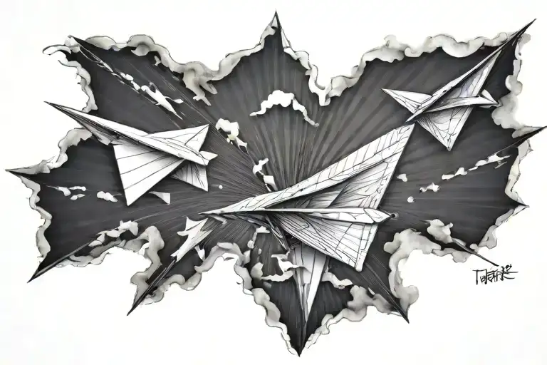 three paper planes 2 a bit bigger and one a bit smaller. the two bigger ones white and smaller one very colorful tattoo design idea