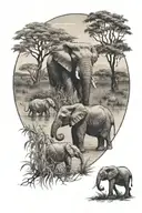 African safari, Mama elephant and baby elephant, lioness, wilderness with river and weeping willow tree tattoo design idea