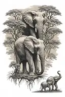 African safari, Mama elephant and baby elephant, lioness, wilderness with river and weeping willow tree tattoo design idea
