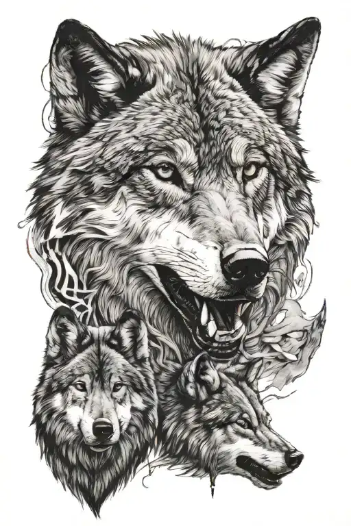 Alpha Wolf face with pack of 5 behind.  tattoo design idea