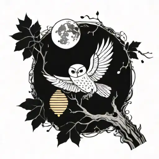 A cresent moon, a snow owl on a tree branch, a bee coming out of a beehive tattoo design idea