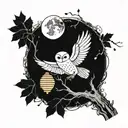 A cresent moon, a snow owl on a tree branch, a bee coming out of a beehive tattoo design idea