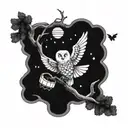 A cresent moon, a snow owl on a tree branch, a bee coming out of a beehive tattoo design idea
