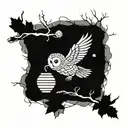 A cresent moon, a snow owl on a tree branch, a bee coming out of a beehive tattoo design idea