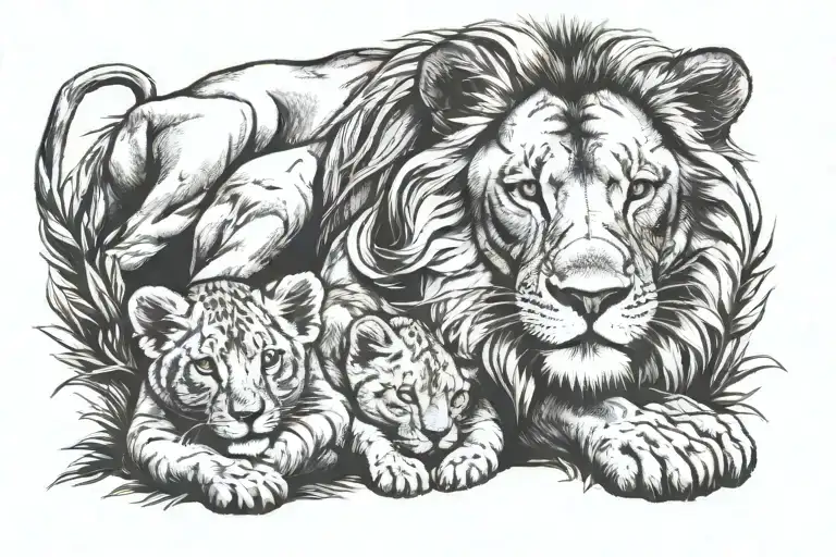 lion and 3 cubs sleeping  tattoo design idea