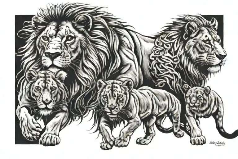 lion and 3 cubs surrounded tattoo design idea
