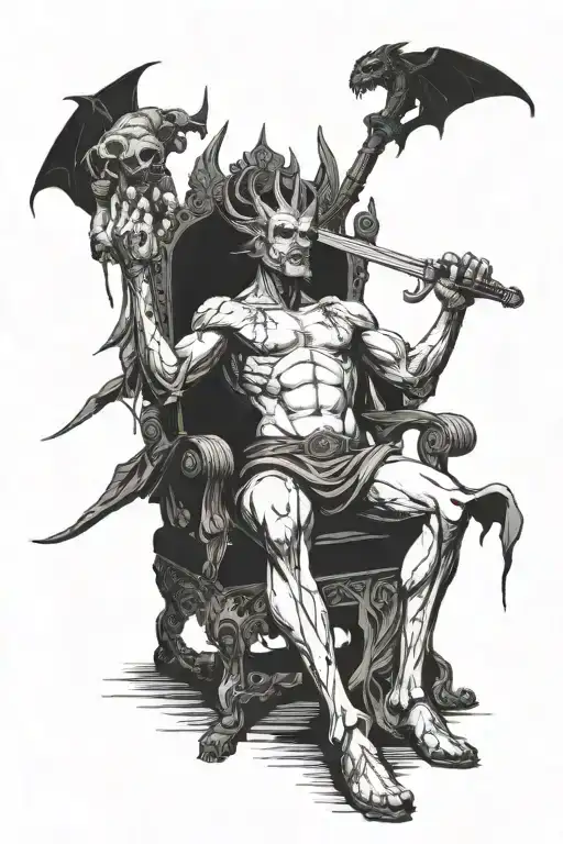 demon king sitting in throne holding decapitated heads in one hand, a sword in the other, while girl giving him blowjob  tattoo design idea