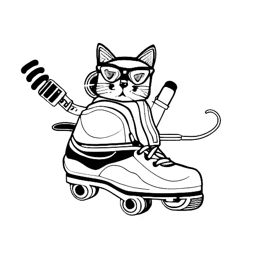 A cat wearing roller skates and headphones, listening to rock music tattoo design idea