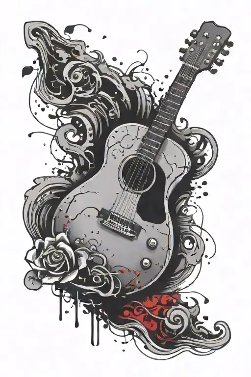 roast and guitar with red paint splatters tattoo design idea