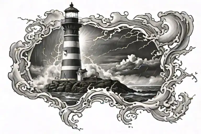 lighthouse shining through storm tattoo design idea