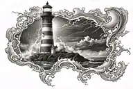 lighthouse shining through storm tattoo design idea