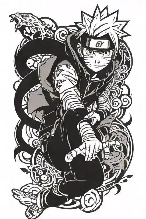 forearm tattoo of Sasuske, a Naruto anime character. Black and white, eyes in color. tattoo design idea