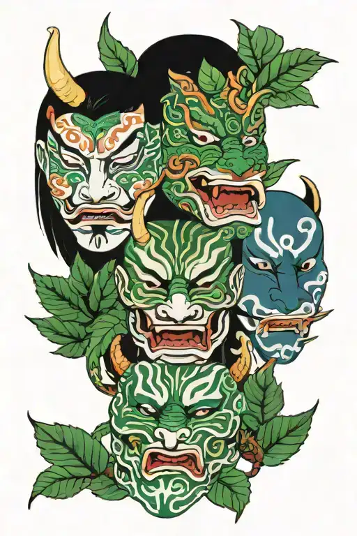 three masks vertically that show emotions the bottom one shows the tongue around them green leaves and animals tattoo design idea