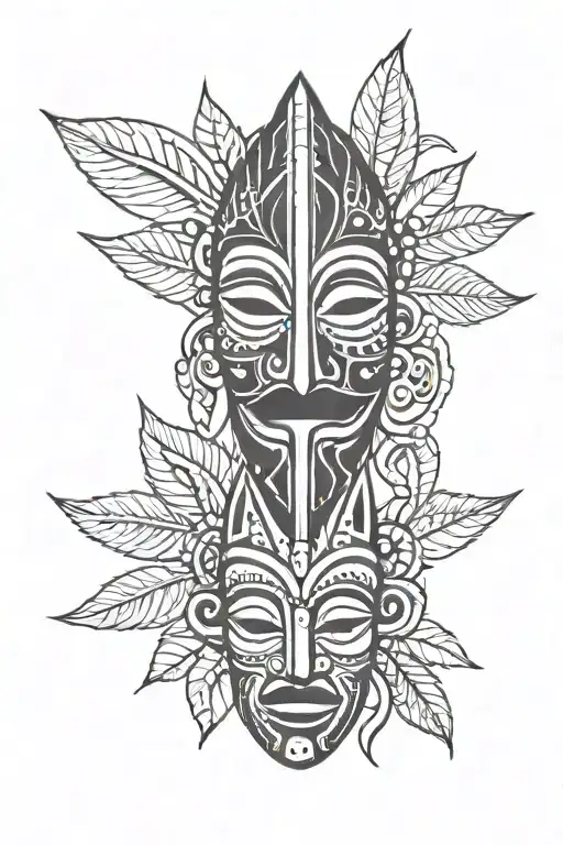 three african masks with emotions the bottom one shows tongue around them leaves and many different emotions tattoo design idea