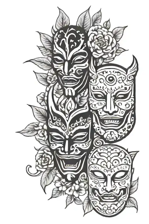 three masks with emotions the bottom one shows the tongue around which are leaves flowers and animals tattoo design idea