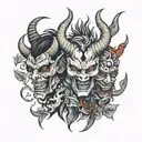 three demon faces with different emotions around which are leaves animals and masks with other emotions tattoo design idea