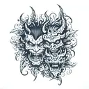 three demon faces with different emotions around which are leaves animals and masks with other emotions tattoo design idea