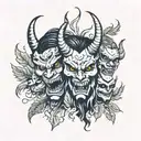 three demon faces with different emotions around which are leaves animals and masks with other emotions tattoo design idea
