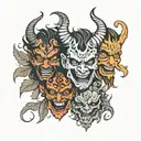 three demon faces with different emotions around which are leaves animals and masks with other emotions tattoo design idea