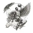 A basketball player with wings soaring over the beautiful landscapes of Belize tattoo design idea