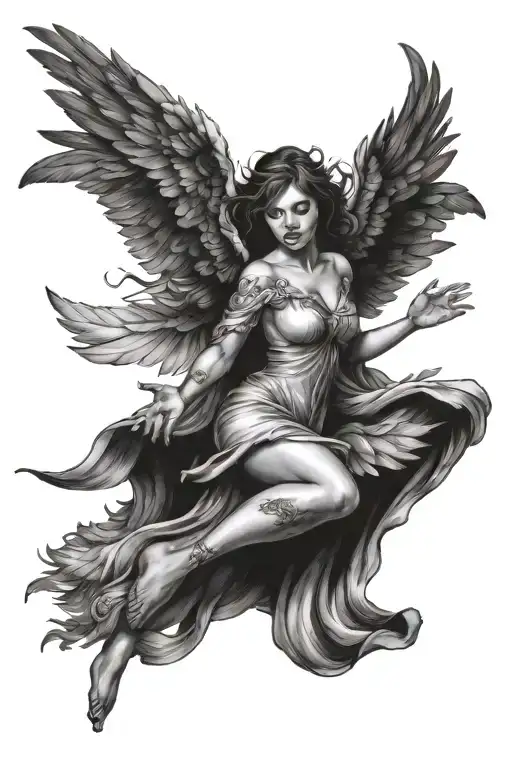 female angel falling angel with feathers tattoo design idea