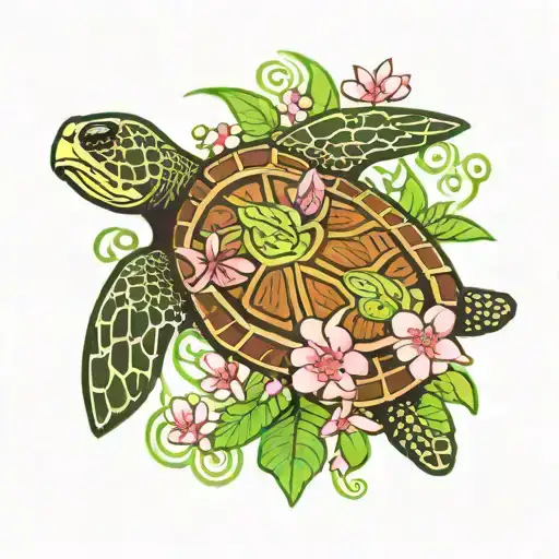 Polynesian turtle on the background of a sacred heart with a cross on its shell surrounded by cherry blossoms and green  tattoo design idea