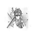 A realistic portrait of Jyraia of Naruto playing a musical instrument tattoo design idea
