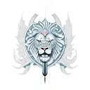 A sword with a lions head as the pommel and a snake wrapped around the sword in the shape of the number 26 tattoo design idea