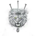 A sword with a lions head as the pommel and a snake wrapped around the sword in the shape of the number 26 tattoo design idea