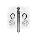 A sword with a snake wrapped around it in the shape of the number 26 tattoo design idea