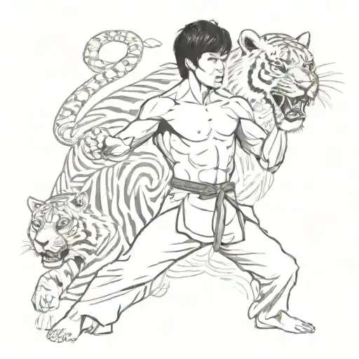 Bruce Lee's doing his iconic poses with a roaring tiger behind him tattoo design idea