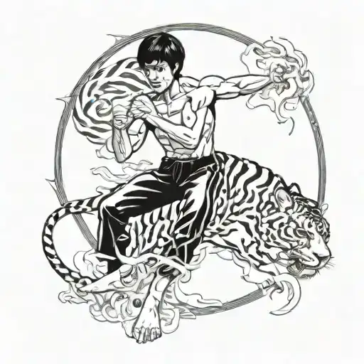 Bruce Lee's doing his iconic poses with a roaring tiger behind him, surrounded by fire tattoo design idea