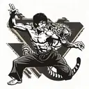 Bruce Lee's doing his iconic poses with a roaring tiger behind him tattoo design idea