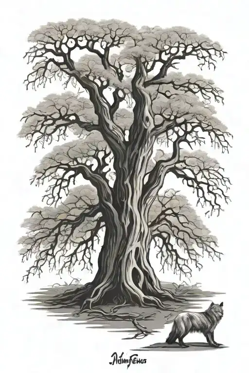 mighty old willow tree with alpha direwolf standing by the trunk of the willow tree tattoo design idea