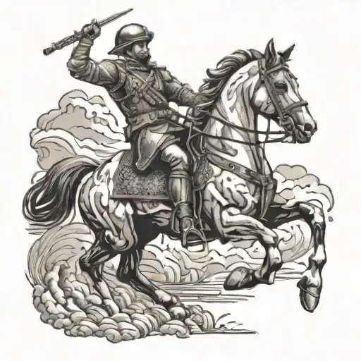 A Russian soldier riding a horse into battle with historical battle scenes in the background tattoo design idea
