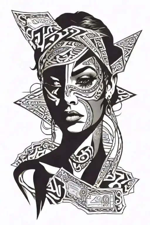 Female face with a 100 dollar bill bandage covering her eyes tattoo design idea